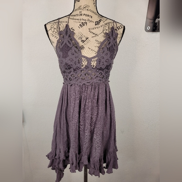 Free People Sz S Adella Lace Slip Dress Mini Purple V Neck Strappy Bohemian - Picture 3 of 10
